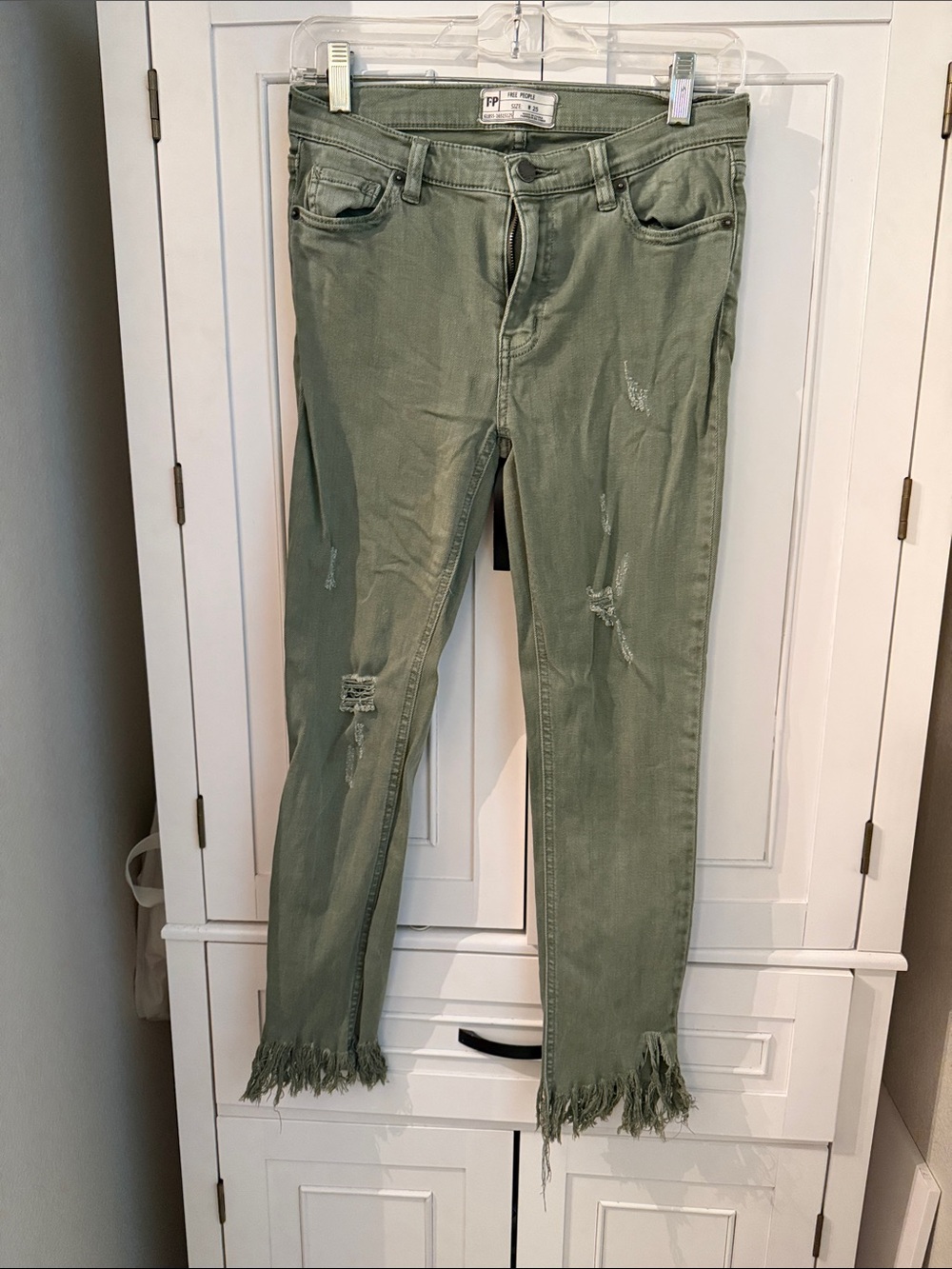 Free People Olive Fringe-Hem Distressed Ankle Jeans